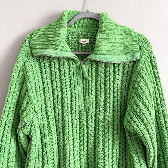 Aerie Green Chunky Knit Quarter Zip Sweater Cable Knit Collared Cozy Size M - Picture 2 of 5
